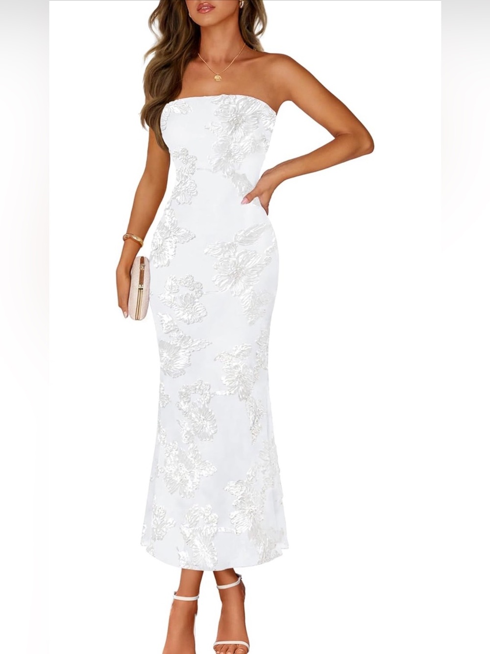 Strapless White Floral Embroidered Evening Dress
